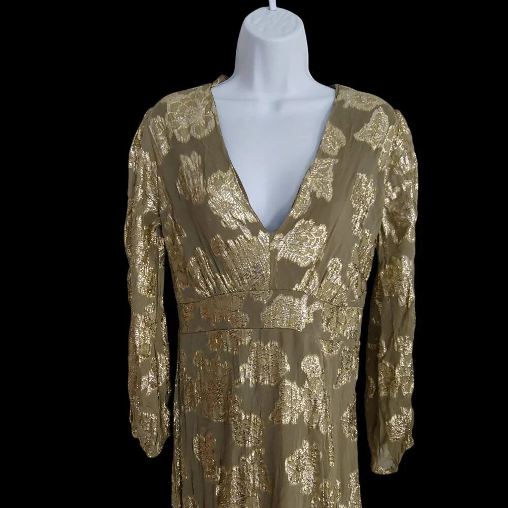 EN CRÈME V-neck Kimono Sleeve Maxi Gold Metallic Dress Boho L - Picture 2 of 12